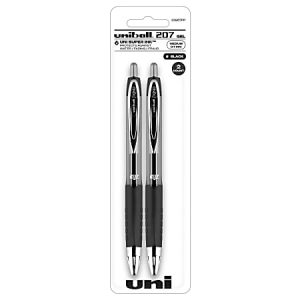 uni-ball Signo Gel 207 Retractable Gel Pens, Medium Point, 0.7 mm, Black Barrel, Black Ink, Pack Of 2