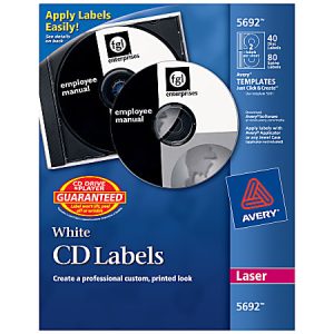 Avery CD/DVD Print-to-the-Edge Labels, 5692, Round, 4.65" Diameter, White, 40 Disc Labels And 80 Spine Labels