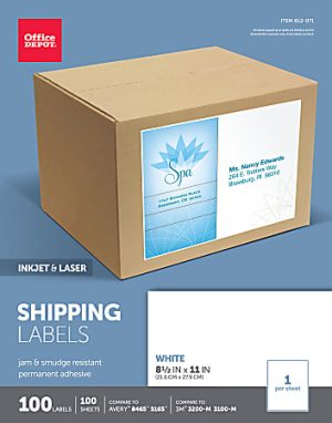 Office Depot Brand Inkjet/Laser Shipping Labels, Rectangle, 8 1/2" x 11", Full-Sheet, White, Pack Of 100