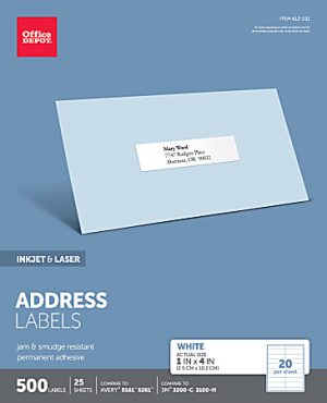 Office Depot Brand Inkjet/Laser Address Labels, Rectangle, 1" x 4", White, Pack Of 500