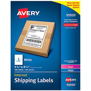 Avery Shipping Address Labels, 95930, Rectangle, 5 1/2" x 8 1/2", White, Pack Of 500