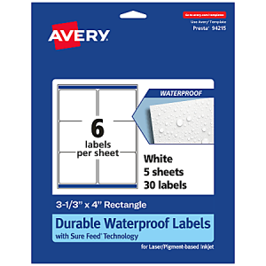 Avery Waterproof Permanent Labels With Sure Feed, 94215-WMF5, Rectangle, 3-1/3" x 4", White, Pack Of 30