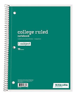 Just Basics Spiral Notebook, 8" x 10-1/2", College Ruled, 70 Sheets, Green