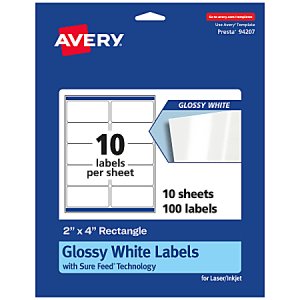 Avery Glossy Permanent Labels With Sure Feed, 94207-WGP10, Rectangle, 2" x 4", White, Pack Of 100