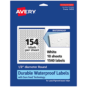 Avery Waterproof Permanent Labels With Sure Feed, 94503-WMF10, Round, 1/2" Diameter, White, Pack Of 1,540