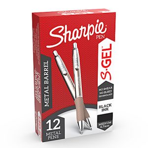 Sharpie S-Gel Pens, Medium Point, 0.7 mm, Red/Gold Barrel, Black Ink, Pack Of 12 Pens