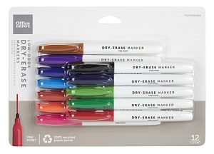 Office Depot Brand Low-Odor Pen-Style Dry-Erase Markers, Fine Point, 100% Recycled, Assorted Colors, Pack Of 12