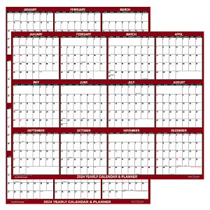 2024 SwiftGlimpse Wet/Dry-Erase Laminated Reversible Yearly Wall Calendar, 48" x 32", Maroon