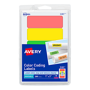 Avery Self-Adhesive Removable Print Or Write Color Coding Labels, 5481, Rectangle, 1" x 3", Assorted (Green, Orange, Red, Yellow), Pack Of 200