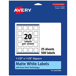 Avery Permanent Labels With Sure Feed, 94106-WMP25, Square, 1-1/2" x 1-1/2", White, Pack Of 500