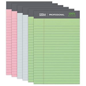 Office Depot Brand Professional Writing Pads, 5" x 8", Narrow Ruled, Assorted Colors, 50 Sheets, 100% Recycled, Pack Of 6