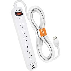 Digital Energy World 6-Outlet Surge Protector Power Strip with 2 USB Ports and 25-Foot Cord (White) - 6 x AC Power, 2 x USB - 1875 VA - 1050 J - 120 V AC Input - 25 ft