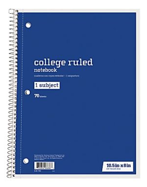 Just Basics® Spiral Notebook, 8" x 10-1/2", College Ruled, 70 Sheets, Blue