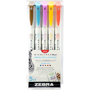Zebra Mildliner Warm Color Double-Ended Creative Markers, Fine/Brush Points, White Barrels, Assorted Ink Colors, Pack Of 5 Markers
