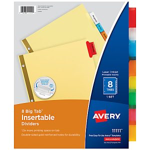 Avery® Big Tab™ Insertable Dividers, Gold Reinforced, Buff/Multicolor, 8-Tab