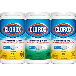 Clorox® Disinfecting Wipes, 7" x 8", Fresh Scent/Citrus Blend, 75 Wipes Per Canister, Pack Of 3 Canisters