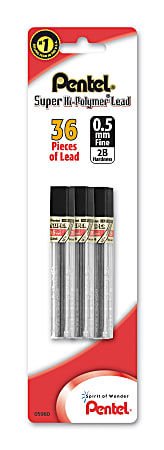 Pentel Super Hi-Polymer Leads, 0.5 mm, 2B, 12 Leads Per Tube, Pack Of 3 Tubes