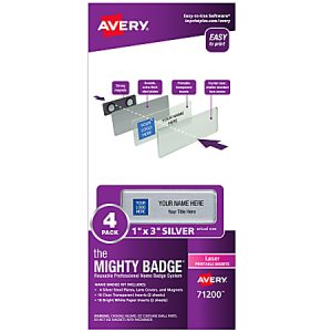 Avery The Mighty Badge Magnetic Badges For Laser Printers, 1" x 3", Silver, Pack Of 4