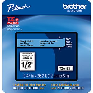 Brother® TZE531CS Genuine P-Touch Laminated Label Tape, 1/2" x 26-1/4', Black/Blue