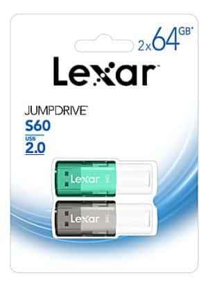 Lexar JumpDrive S60 USB 2.0 Flash Drives, 64GB, Black/Teal, Pack Of 2 Flash Drives, LJDS60-64GB2NNU