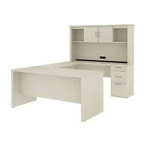 Bestar Logan 66W U- Or L-Shaped Executive Corner Desk With Pedestal And Hutch, White Chocolate