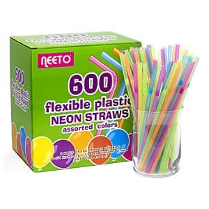 Neeto Flexible Plastic Neon Straws, Assorted Colors, Pack Of 600 Straws