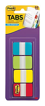 Post-it Tabs With On-The-Go Dispenser, 1", Assorted Colors (686-ALYR1IN), Pack Of 88 Tabs; Aqua,Lime,Yellow,Red