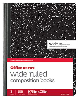 Office Depot® Brand Marble Composition Book, 7 1/2" x 9 3/4", Wide Ruled, 100 Sheets, Black/White, Pack of 3
