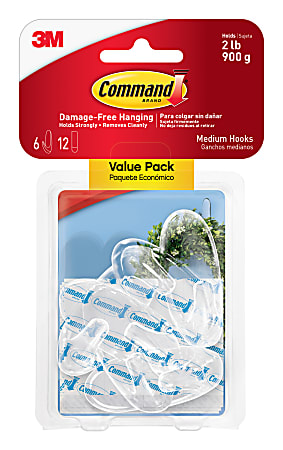 3M Command Removable Hooks, Medium, Clear, Pack Of 6