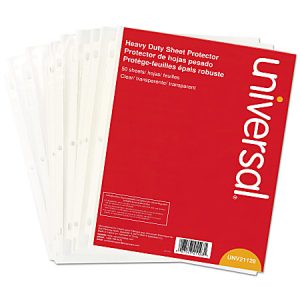Pack of Universal heavy-duty clear sheet protectors, 50 sheets, with red cover and multilingual text.