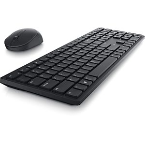 Sleek black wireless keyboard and mouse on a white surface, angled view showing slim key design.