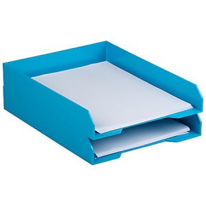 Blue two-tier desk tray holding stacks of white paper sheets.
