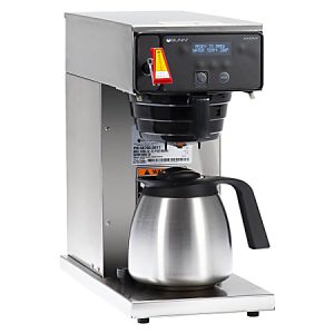 Stainless steel Bunn coffee maker with a digital display and a thermal carafe on the base.