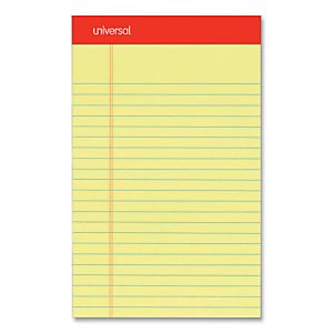 Yellow legal pad with blue lines and a red margin, featuring a red top header with the word "universal.