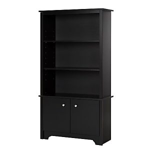 Black bookshelf with three open shelves and a two-door cabinet at the bottom.