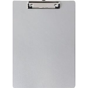 Metal clipboard with a silver finish, featuring a metal clip at the top, against a plain white background.