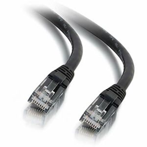 Black Ethernet cable with two transparent RJ45 connectors on both ends.