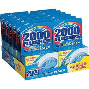 Multiple boxes of "2000 Flushes Blue plus Bleach" toilet bowl cleaner, claiming to kill 99.9% of bacteria.