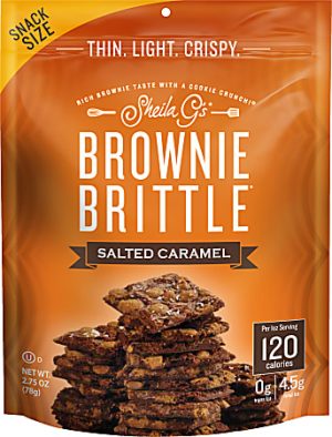 Brownie Brittle Salted Caramel snack-size bag, featuring stacked crispy pieces, 120 calories per serving, 2.75 oz.