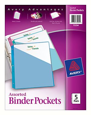 Avery 5-pack assorted binder pockets, holds 25 sheets, durable and acid-free. Featured in purple packaging.