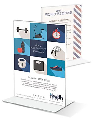 Exercise-themed table tent with icons like weights, bike, and stopwatch, promoting health and fitness at The Health Center.