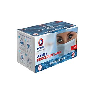 Box of 50 AmeriShield AirMax Procedure Masks, made in USA, featuring a woman's eye and instructions on correct mask use.