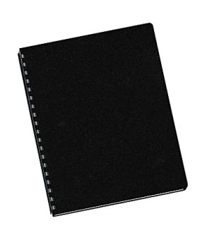 Black spiral-bound notebook with a plain cover, positioned at an angle.