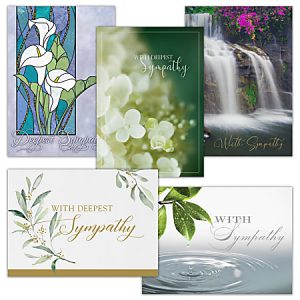 Five sympathy cards featuring floral and nature designs with messages of "With Deepest Sympathy" and "With Sympathy.