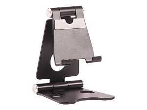 Adjustable black metal tablet stand with hinges, designed for tabletop use.