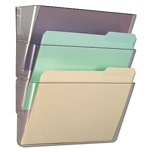 Three wall-mounted file holders with colored folders: purple, green, and yellow, organized vertically in a transparent rack.
