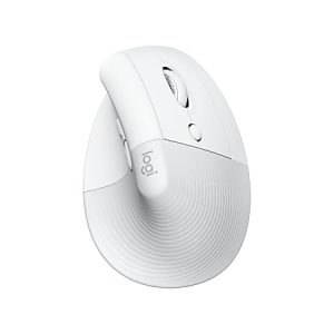 Ergonomic white vertical computer mouse with scroll wheel and side buttons, designed for comfortable hand positioning.