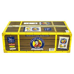 Box of Pirate's Booty snacks, 36 count, resembling a treasure chest, with a pirate illustration on the packaging.