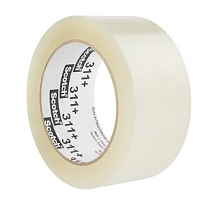 Clear packing tape roll with "Scotch 311+" printed on the inner core, featuring a transparent adhesive surface.