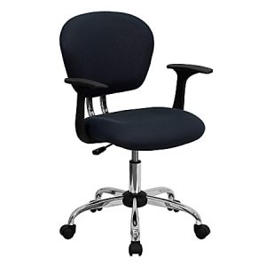 Black swivel office chair with cushioned seat, high backrest, and adjustable height on a chrome base with wheels.